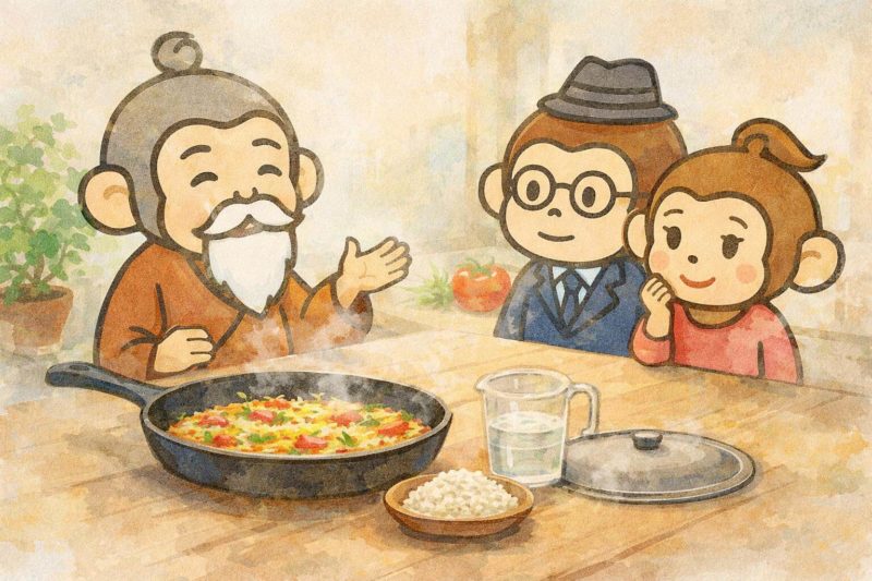 おサルの一家が、失敗しないパエリアの作り方を聞いている