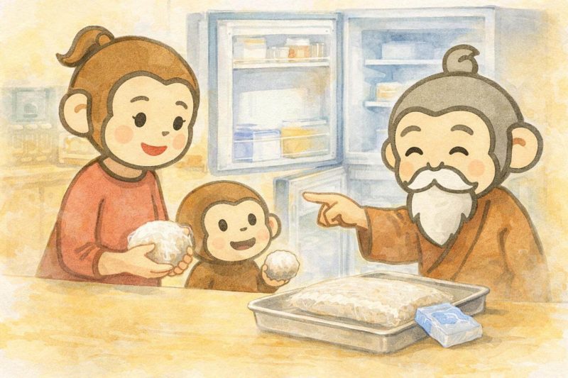おサルの家族がご飯を冷凍しようとしているシーン