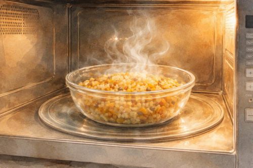 電子レンジで加熱中のパエリア