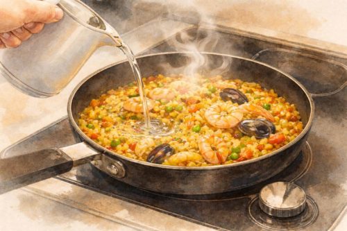 フライパンの中のパエリアに差し水をしているシーン