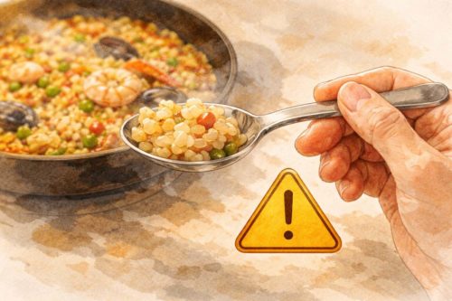 スプーンでパエリアを食べようとしているシーン