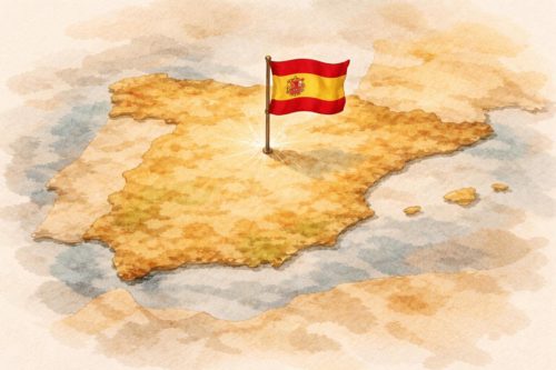 スペインの地図に国旗が立っているシーン