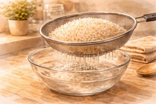 洗った米の水を切っているシーン