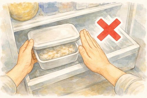 ご飯を冷蔵庫へ保管しようとしているシーン