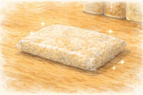 平たい形でラップに包まれたご飯