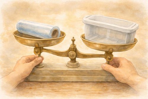 保存容器とラップを天秤にかけているシーン