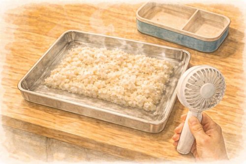 熱々のご飯をハンディファンで冷ましているシーン