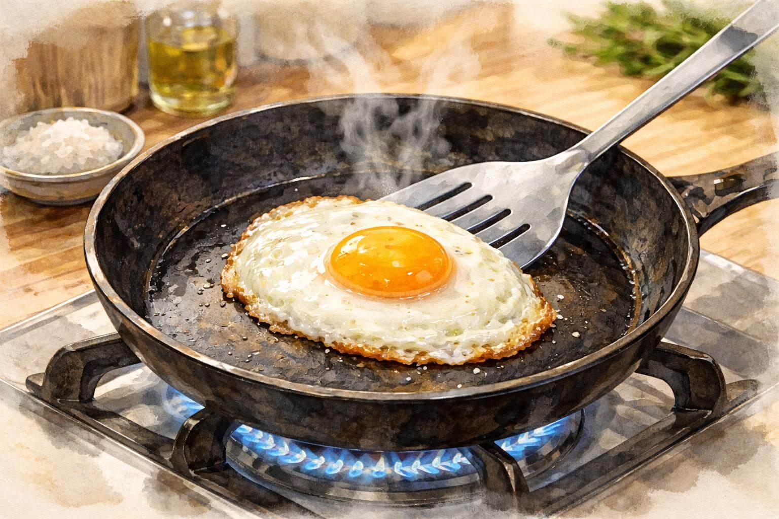 鉄フライパンで目玉焼きを焼いている