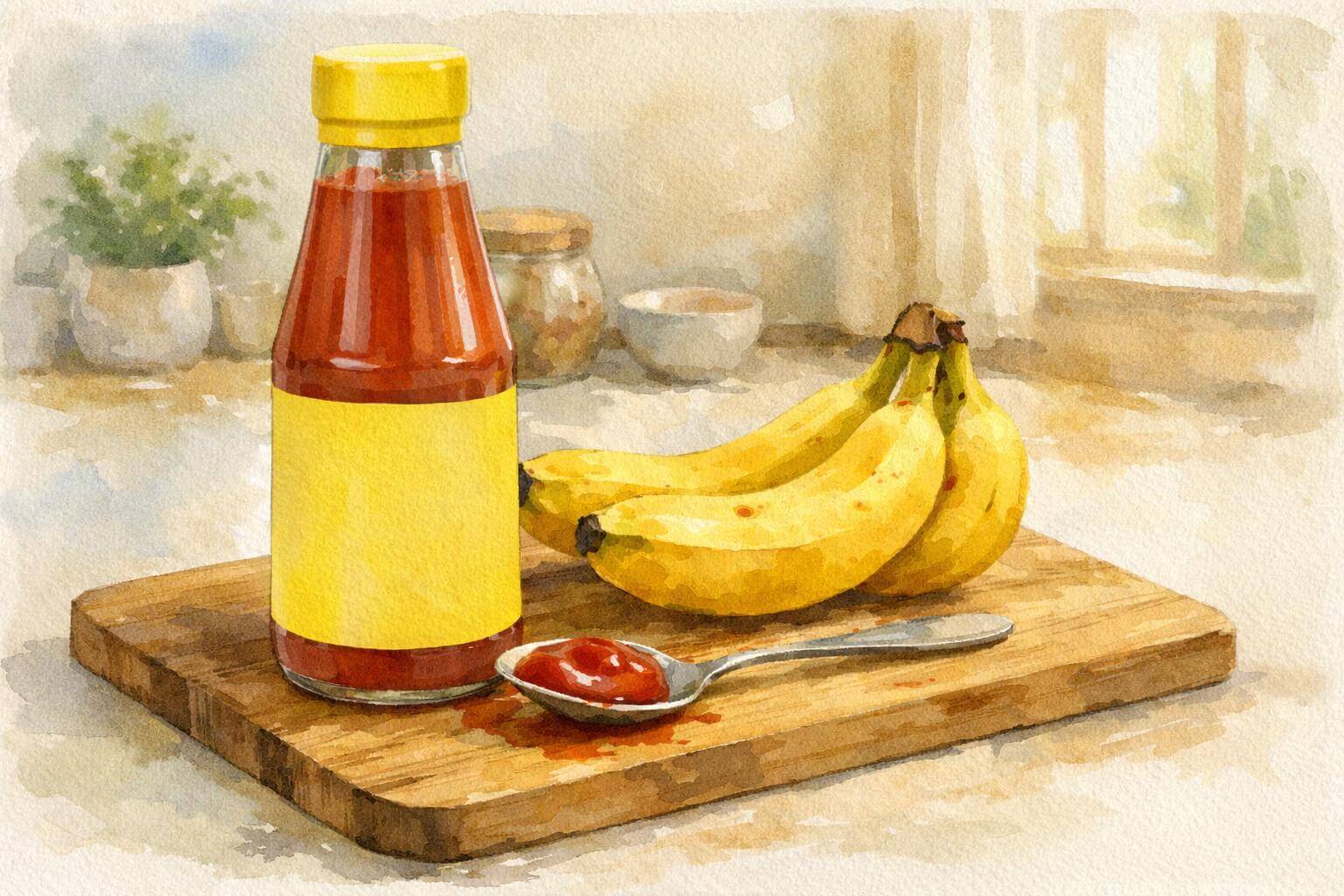 バナナケチャップのボトルとバナナ