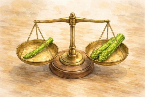 細いアスパラと太いアスパラが天秤にかけられている