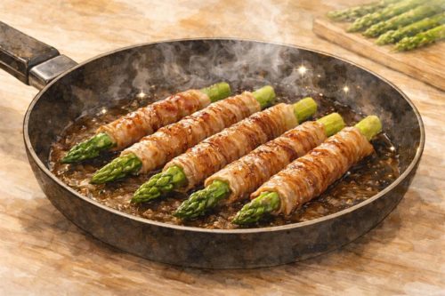 フライパンで焼かれているアスパラ肉巻き