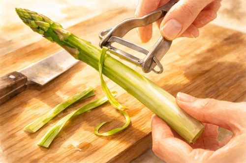 アスパラの表面をピーラーで剥いているシーン