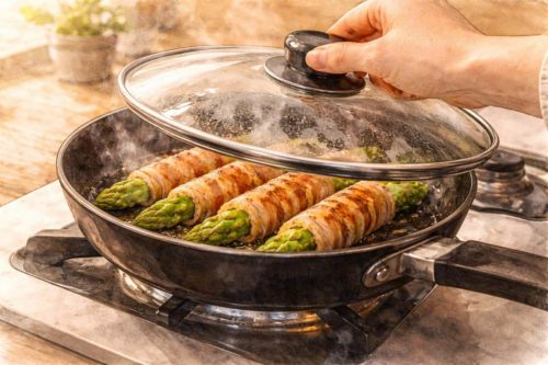 フライパンに蓋をしてアスパラ肉巻きを蒸し焼きにしているシーン