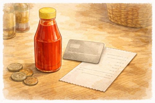 バナナケチャップのボトルとクレジットカード、コイン、レシート