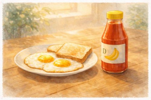 バナナケチャップのボトルと、目玉焼きとトースト