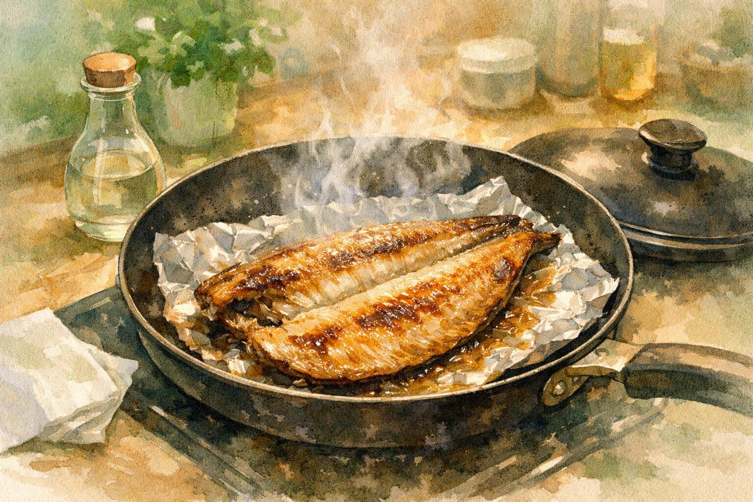 フライパンで焼かれているホッケ