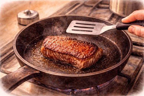 フライパンでステーキを焼いているシーン