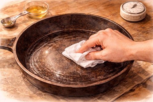 鉄フライパンにペーパーで油をなじませているシーン