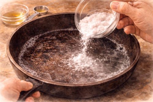 フライパンに重曹を入れているシーン