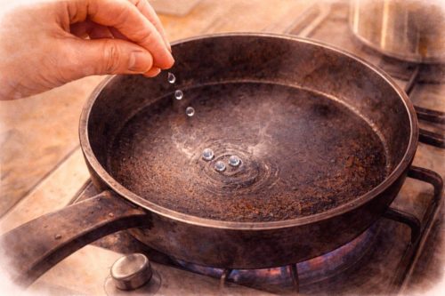 フライパンに水滴テストしているシーン