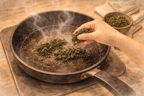 フライパン臭い対策に茶殻を使っているシーン