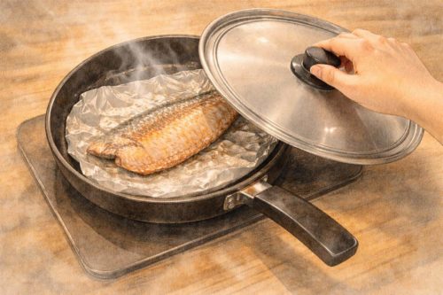 フライパンに蓋をして蒸し焼きにしようとしているシーン