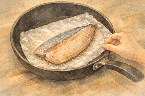 フライパンにアルミホイルを敷いてホッケを焼こうとしているシーン