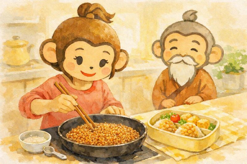 おサルの家族が、鶏そぼろを作っているシーン