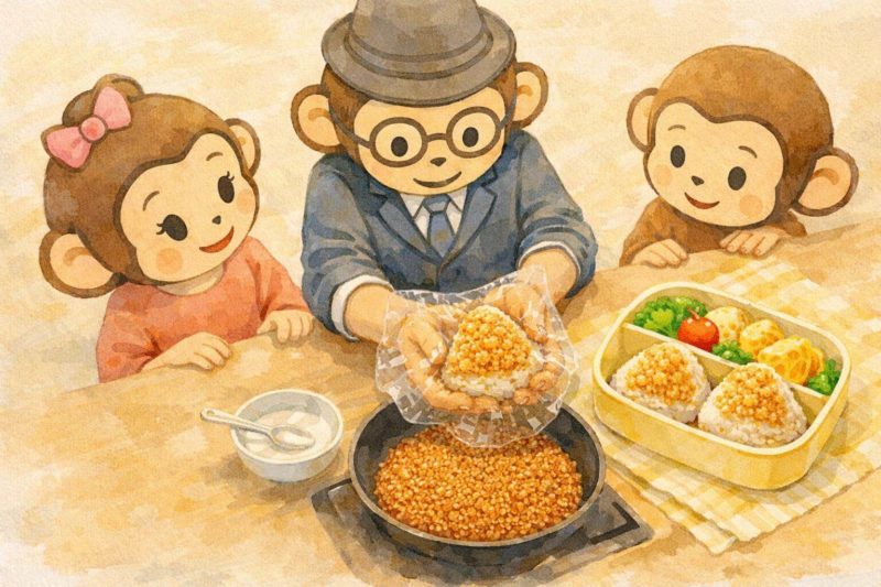 おサルの家族が、鶏そぼろおにぎりを握っているシーン