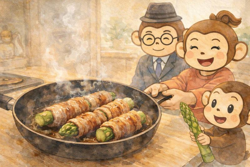おサルの家族が、アスパラ肉巻きがうまく焼けて喜んでいるシーン