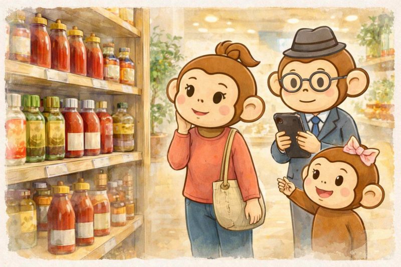 おサルの家族がお店でバナナケチャップを探している