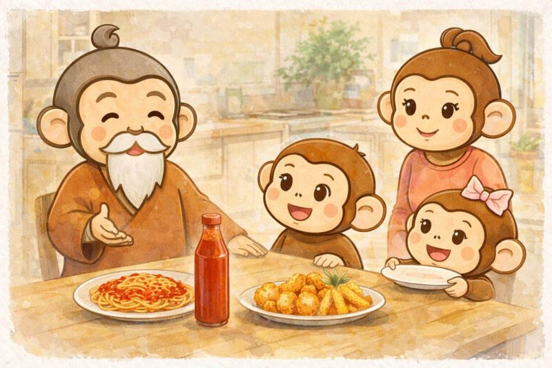 おサルの家族が、食卓を囲んでいる。テーブルにはパスタと揚げ物、バナナケチャップのボトルが置かれている。