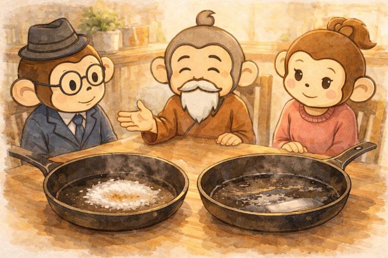 おサルの家族が、2つのフライパンを比べているシーン