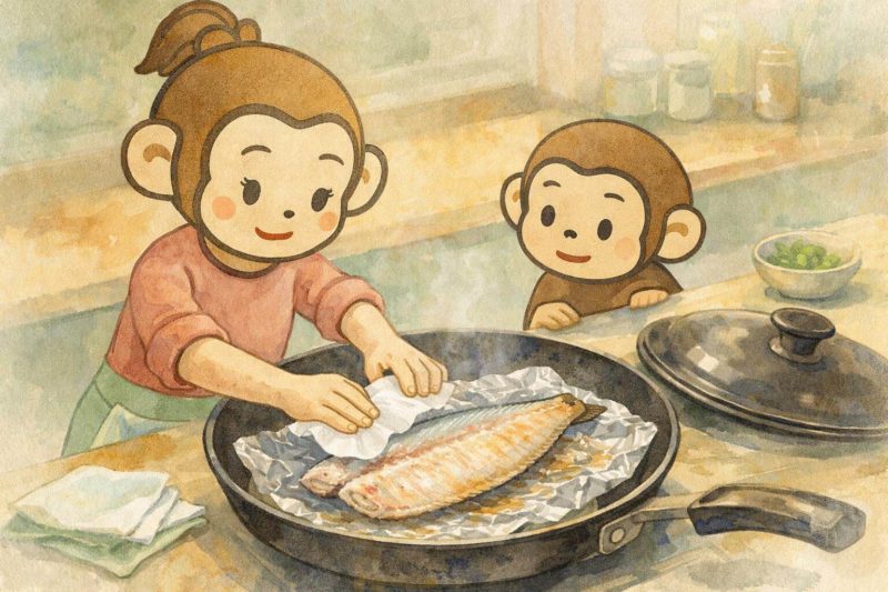 おサルの家族がホッケを拭いているシーン