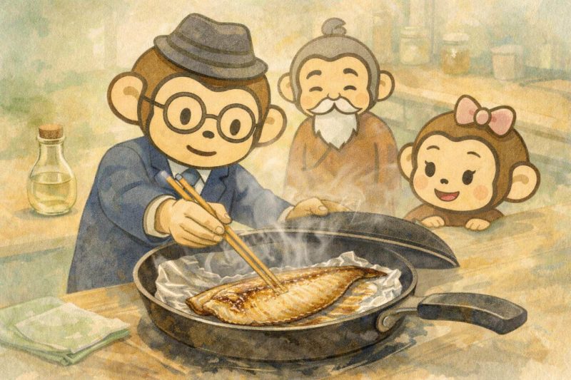おサルの家族が、フライパンで焼いたホッケを確認しているシーン