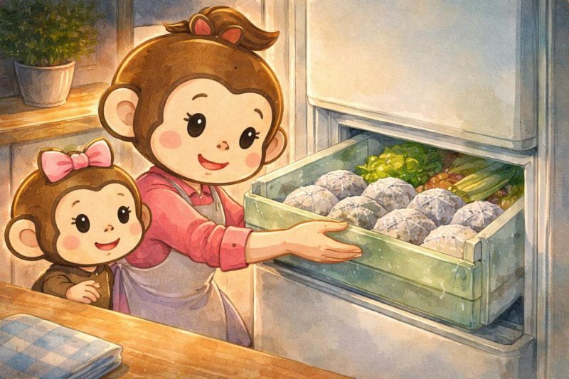 おサルの家族が、冷蔵庫におにぎりを収納しているシーン
