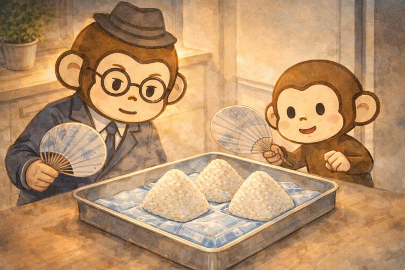 おサルの家族が、うちわでおにぎりを冷やしているシーン