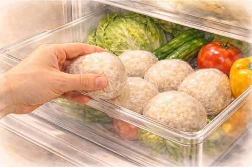 ラップで包んだおにぎりを冷蔵庫の野菜室に収納しているシーン