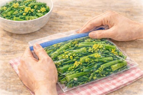 アスパラ菜を冷凍する準備をしているシーン
