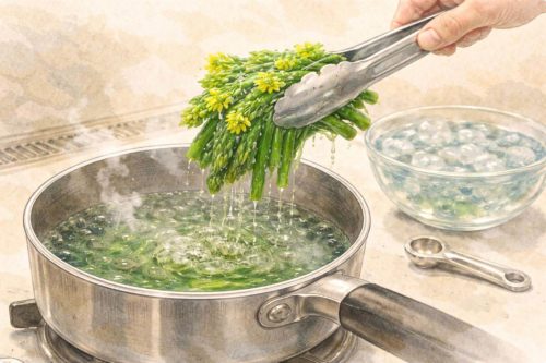 茹でたアスパラ菜をトングで取り出しているシーン