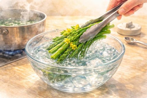 アスパラ菜を冷水につけようとしているシーン