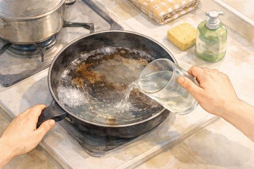 テフロンフライパンにお湯を注いでいるシーン