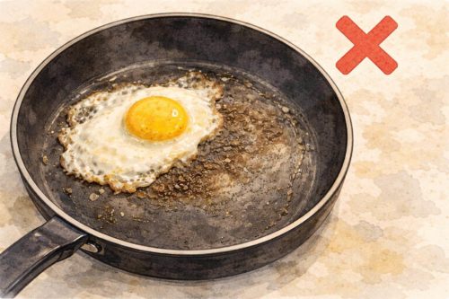 テフロンフライパンにこびりついた目玉焼き