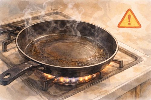 テフロンフライパンを空焚きしてしまっているシーン