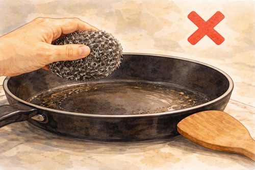 テフロンフライパンにスチールたわしを用いることに対する注意喚起のイラスト