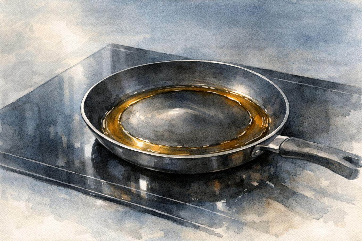 IHフライパンの真ん中が盛り上がってしまっているイラスト