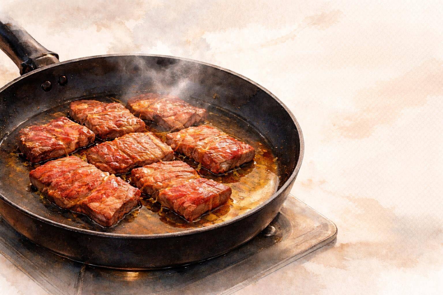 焼き肉を焼いているフライパンのイラスト