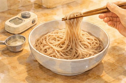 箸でそばをほぐしているイラスト