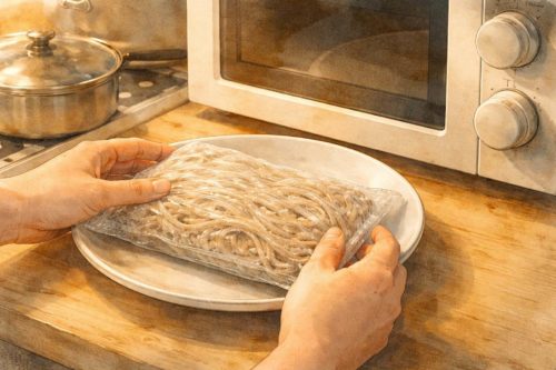 冷凍そばをレンジで解凍しようとしているイラスト