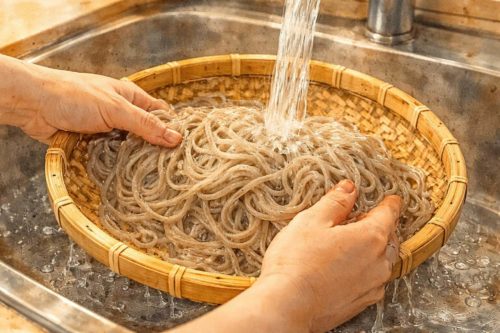 そばを水洗いしているイラスト